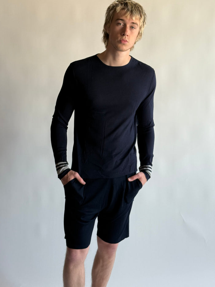 denis colomb Men's Crewneck Long Sleeve W/Stripes Midnight Blue+Pearl Grey Stripe