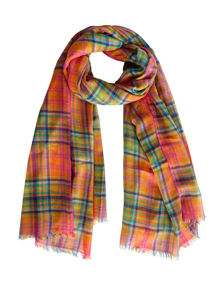 Denis Colomb Miao Plaid Shawl Orange + Teal + Raspberry