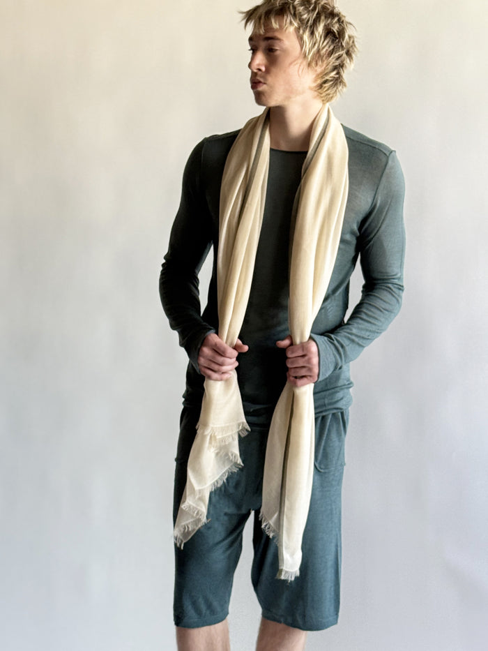 Denis Colomb Natural Stripe Feather Toosh Shawl BEIGE MELANGE + DK OLIVE