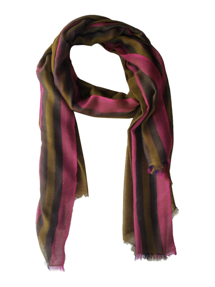 Denis Colomb Rangoon Stripe Shawl Dark Military Green + Black + Br Fushia