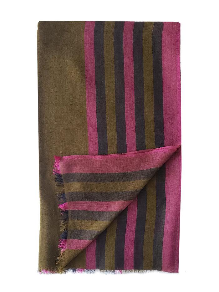 denis colomb Rangoon Stripe Shawl Dark Military Green + Black + Br Fushia