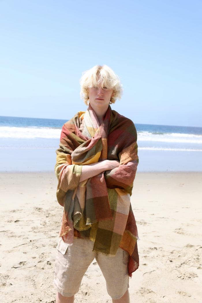 denis colomb Sahara Checks Shawl Dark military green + burning sand + l'or