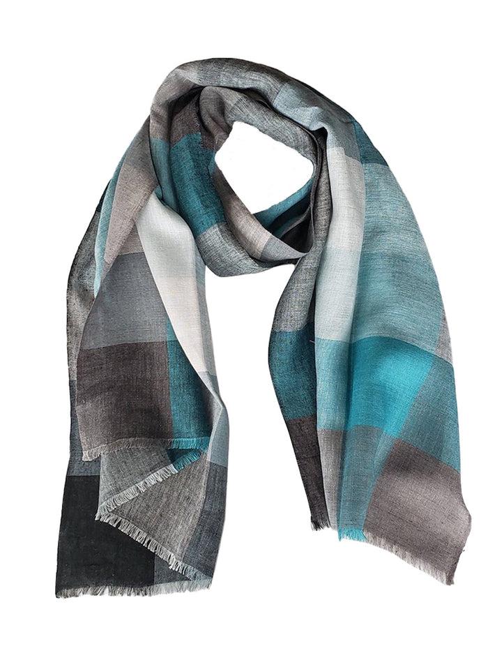 Denis Colomb Sahara Checks Shawl Peacock Blue +bl Mist + Charcoal