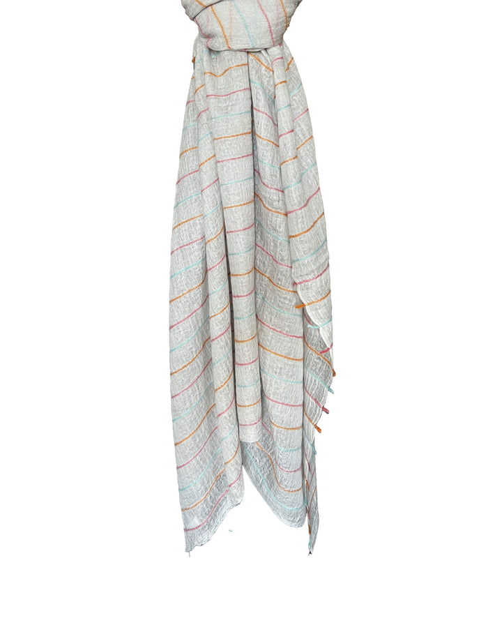 Denis Colomb Summer Striped Feutre Shawl PEARL WHITE + PALE CORAL + BRIGHT CORAL + TURQUISE