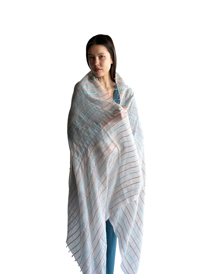 denis colomb Summer Striped Feutre Shawl PEARL WHITE + PALE CORAL + BRIGHT CORAL + TURQUISE