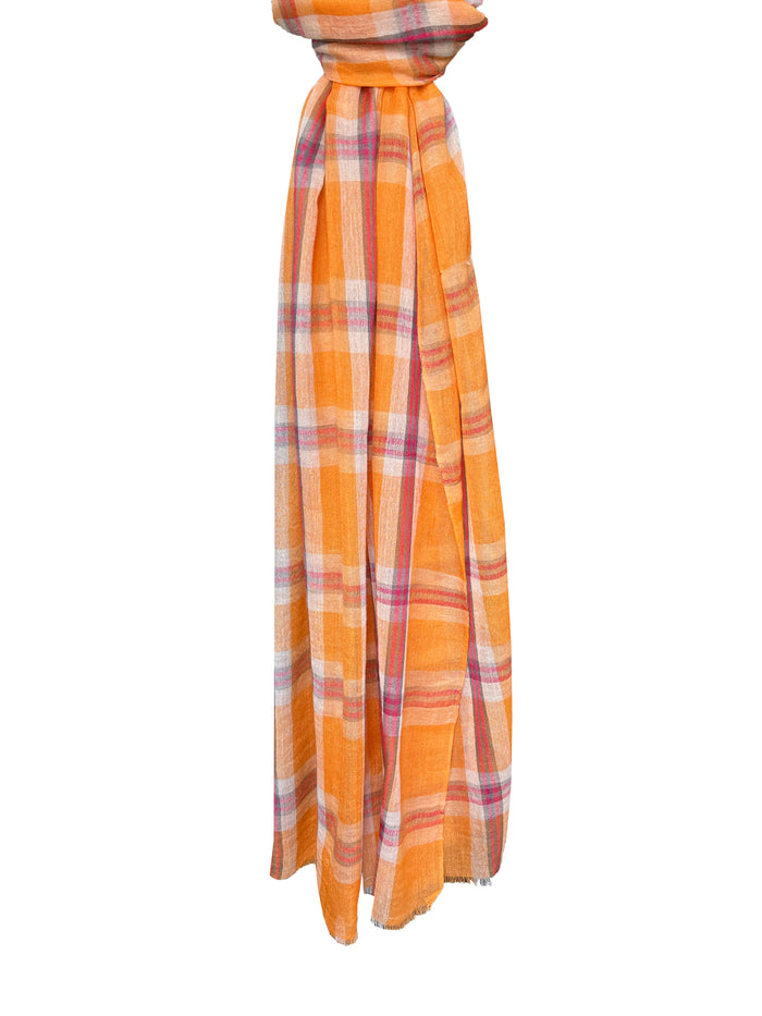 Denis Colomb Tartan Plaid Shawl Orange+Sand +Dark Teal