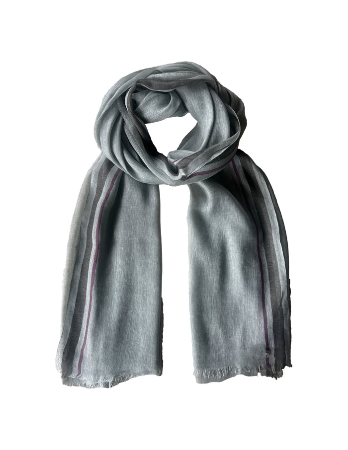 Denis Colomb Toosh Linen Stripes Stole GREY MIST + BURMA BROWN + FUCHSIA