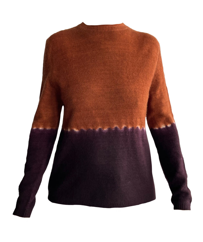 Denis Colomb Women's Hand Knit Dip Dye Crewneck Sweater Golden Brown + Dark Fig