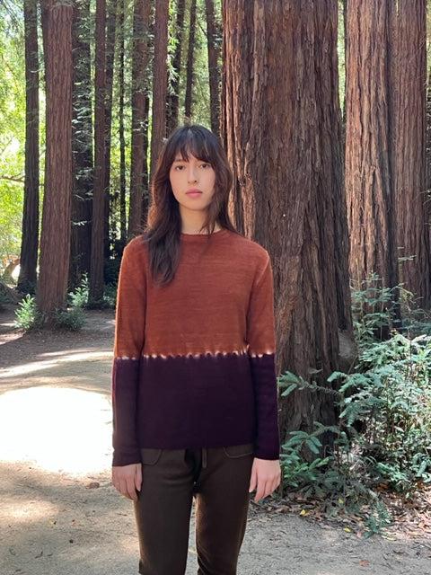denis colomb Women's Hand Knit Dip Dye Crewneck Sweater Golden Brown + Dark Fig