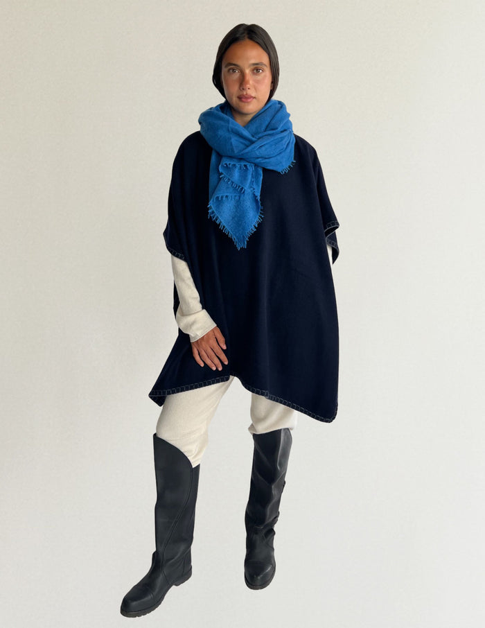 denis colomb Women Stitched Edge Poncho Midnight Blue + Charcoal