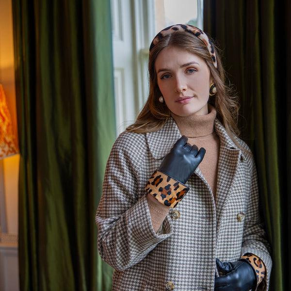 Dents Women’s Lined Leather Gloves With Ponyskin Leopard Print Cuffs