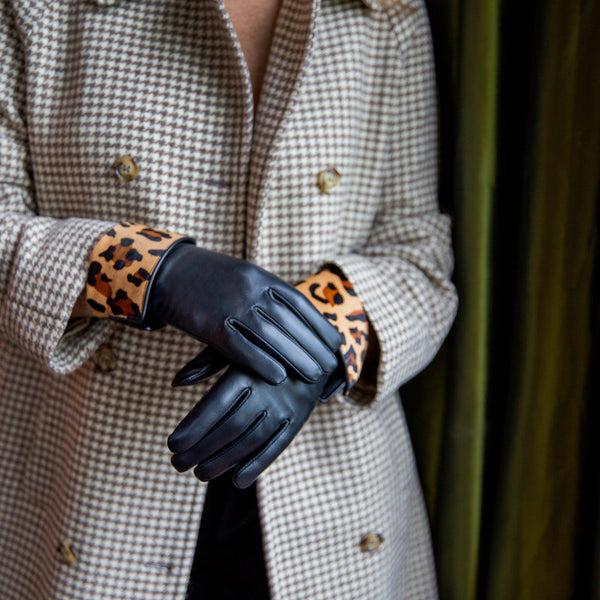 Dents Women’s Lined Leather Gloves With Ponyskin Leopard Print Cuffs