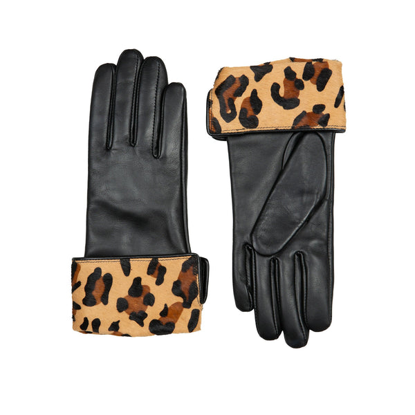 Dents Women’s Lined Leather Gloves With Ponyskin Leopard Print Cuffs