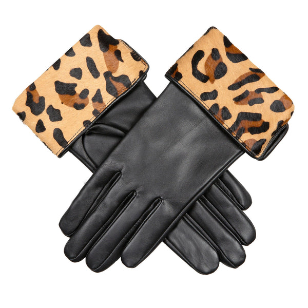 dents Women’s Lined Leather Gloves with Ponyskin Leopard Print Cuffs