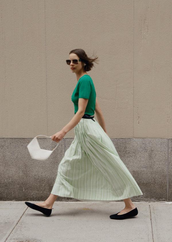 Derek Lam Alexia Pintuck Stripe Shirting Pleated Maxi Skirt Kelly Green-White