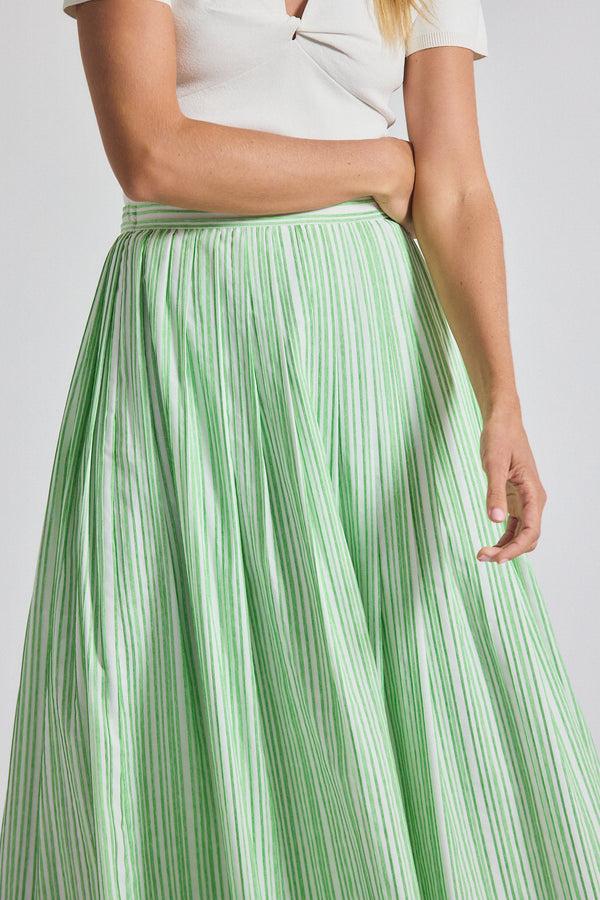 Derek Lam Alexia Pintuck Stripe Shirting Pleated Maxi Skirt Kelly Green-White