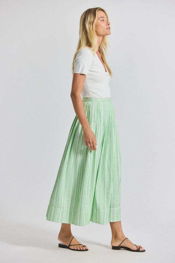 Derek Lam Alexia Pintuck Stripe Shirting Pleated Maxi Skirt Kelly Green-White