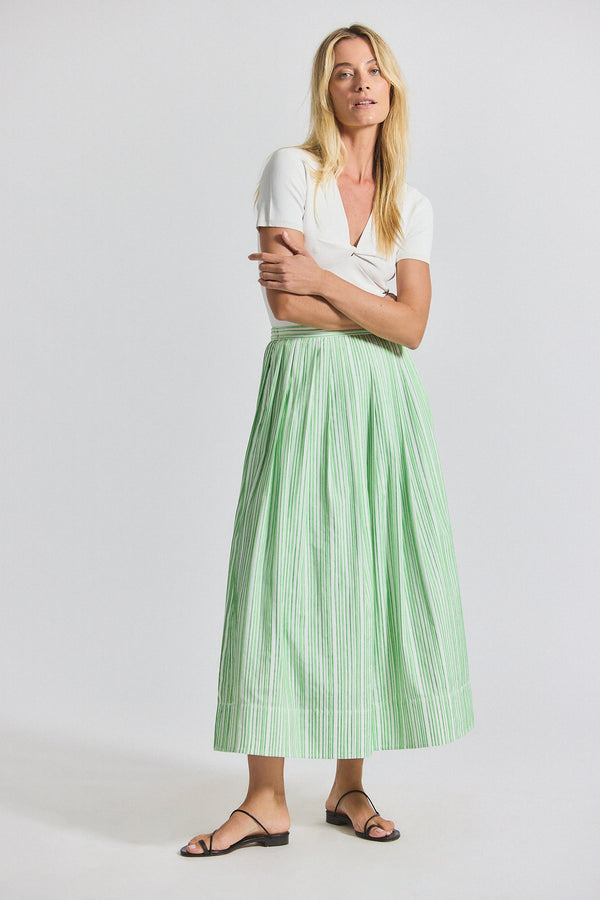 derek lam Alexia Pintuck Stripe Shirting Pleated Maxi Skirt Kelly Green-White
