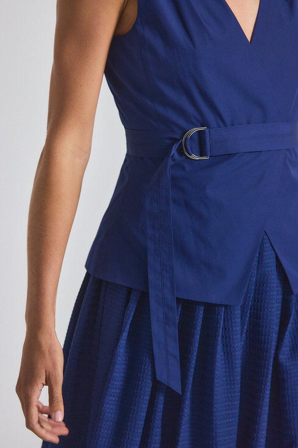 Derek Lam Annika Mixed Media Mini Grid Georgette Dress Sailor Navy