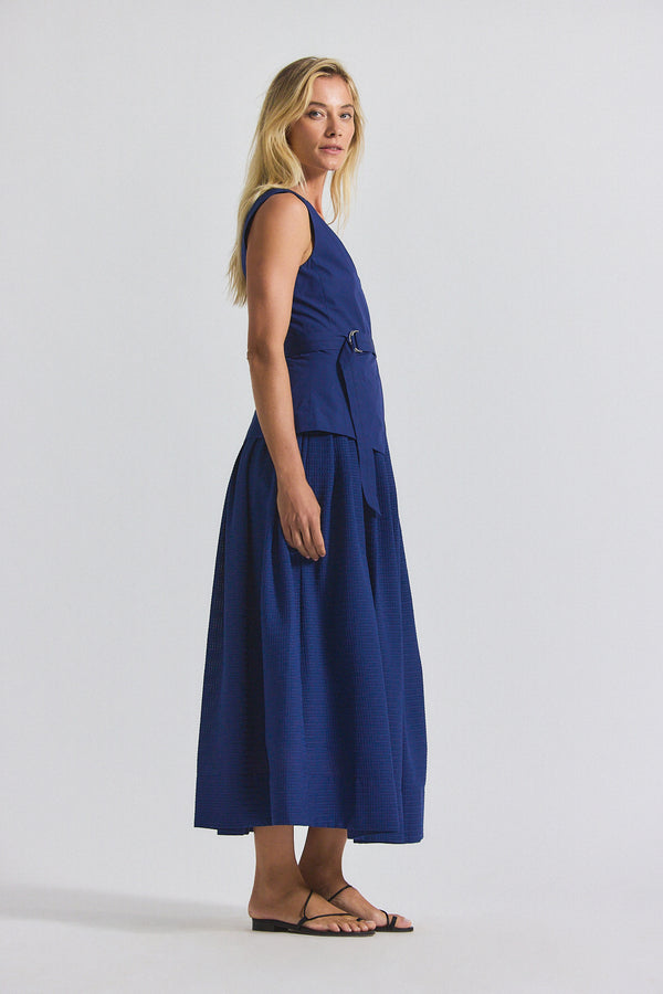 Derek Lam Annika Mixed Media Mini Grid Georgette Dress Sailor Navy