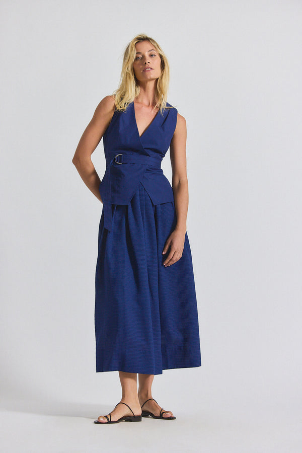 derek lam Annika Mixed Media Mini Grid Georgette Dress Sailor Navy