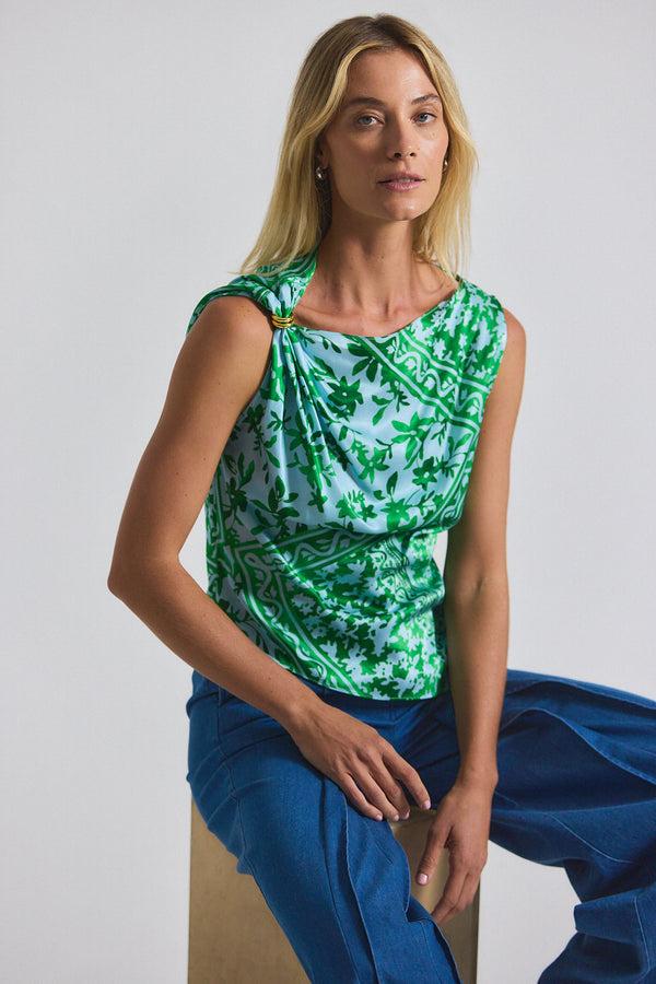 Derek Lam Ariel Tile Print Asymmetric Top With Embellishment Kelly Green Multi