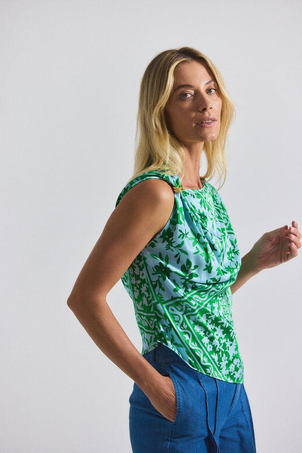Derek Lam Ariel Tile Print Asymmetric Top With Embellishment Kelly Green Multi