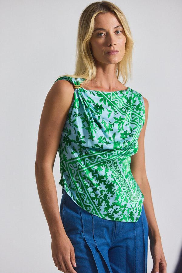 derek lam Ariel Tile Print Asymmetric Top With Embellishment Kelly Green Multi