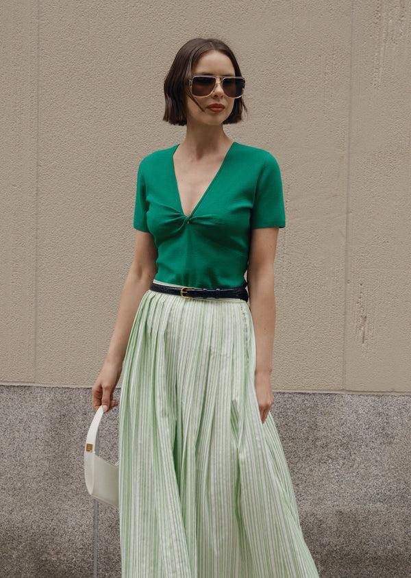 Derek Lam Belle Viscose Compact Knit Twist Front Sweater Kelly Green
