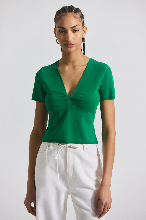 derek lam Belle Viscose Compact Knit Twist Front Sweater Kelly Green