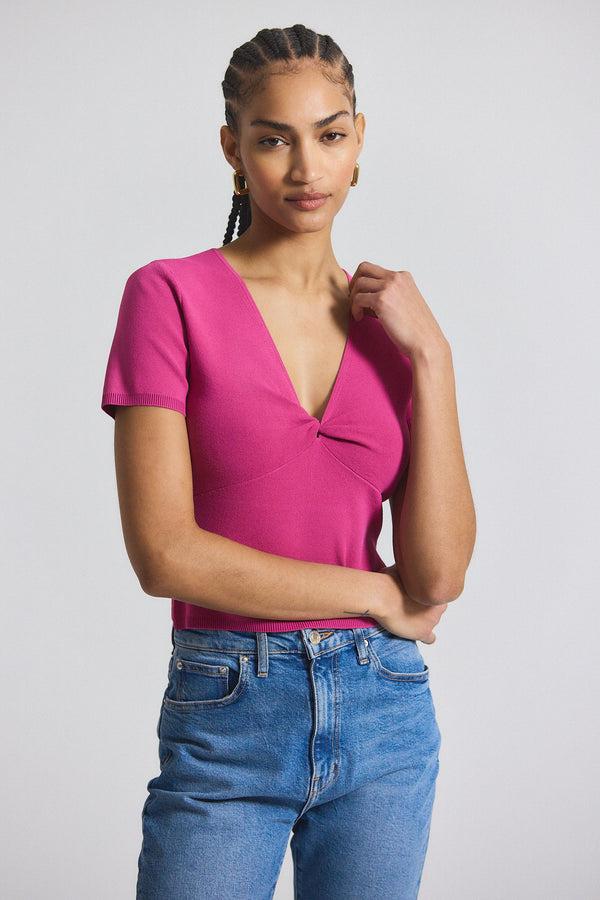 derek lam Belle Viscose Compact Knit Twist Front Sweater Raspberry
