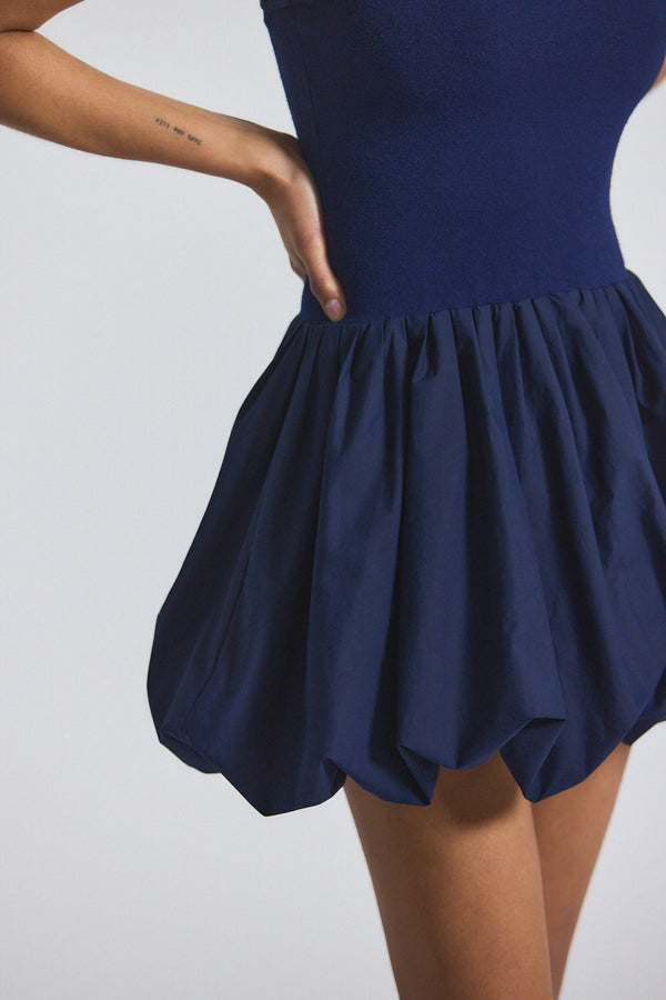 derek Lam Calla Mixed Media Compact Knit Balloon Dress Navy