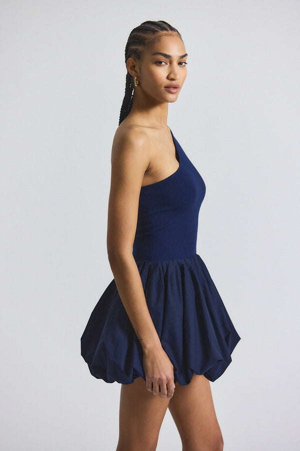 derek Lam Calla Mixed Media Compact Knit Balloon Dress Navy