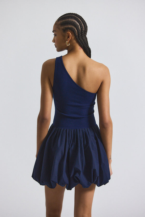 derek Lam Calla Mixed Media Compact Knit Balloon Dress Navy