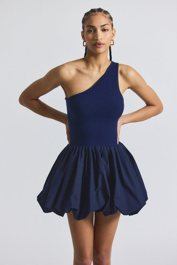 derek lam Calla Mixed Media Compact Knit Balloon Dress Navy