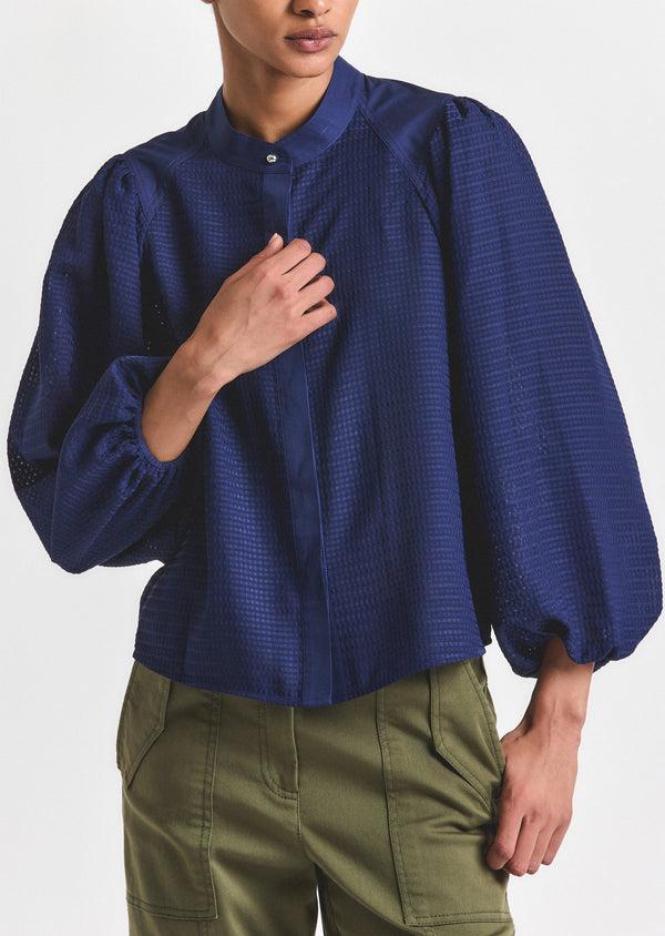Derek Lam Dianne Mini Grid Georgette Volume Sleeve Blouse Sailor Navy