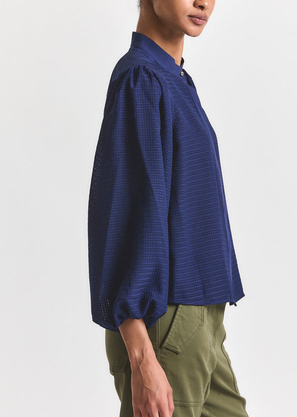 Derek Lam Dianne Mini Grid Georgette Volume Sleeve Blouse Sailor Navy