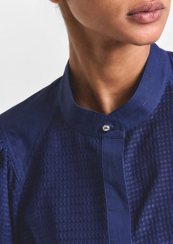 Derek Lam Dianne Mini Grid Georgette Volume Sleeve Blouse Sailor Navy