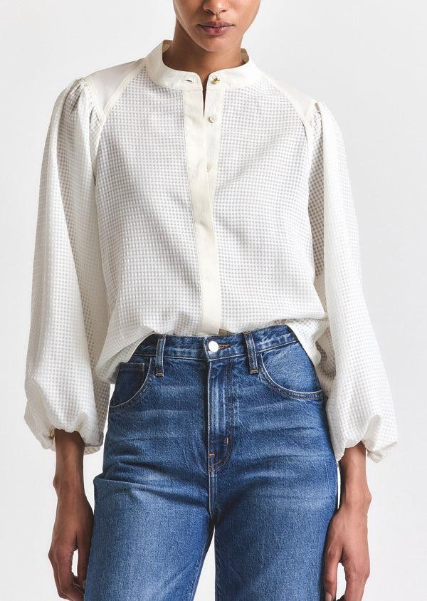 Derek Lam Dianne Mini Grid Georgette Volume Sleeve Blouse Soft White