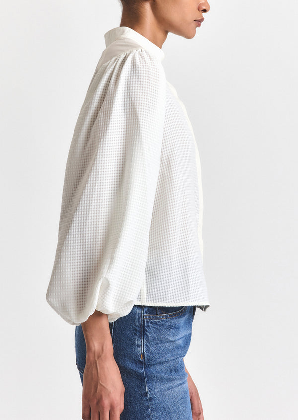 Derek Lam Dianne Mini Grid Georgette Volume Sleeve Blouse Soft White