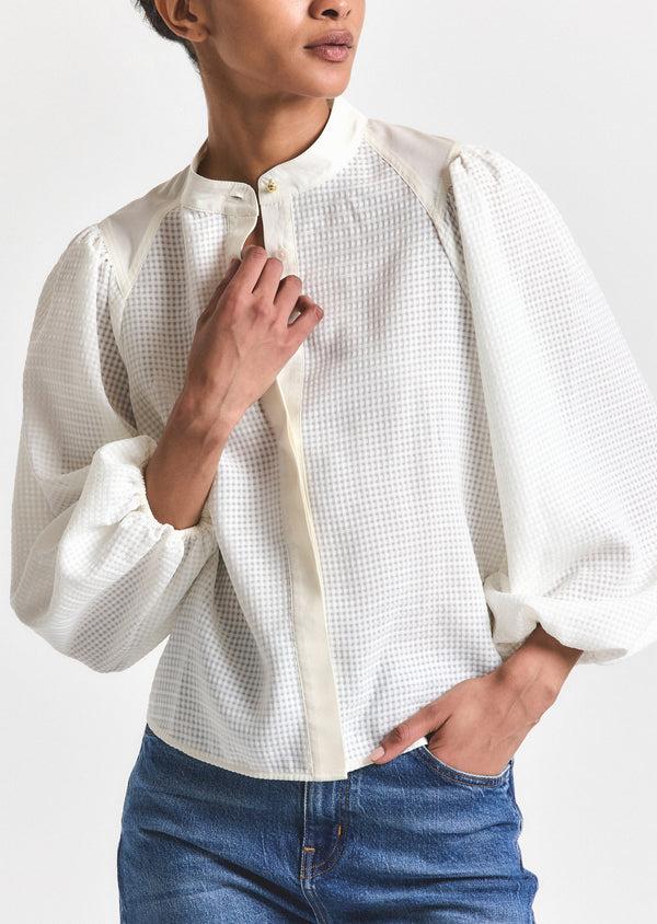 Derek Lam Dianne Mini Grid Georgette Volume Sleeve Blouse Soft White