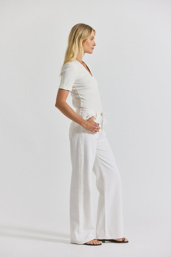 Derek Lam Dunn Denim Wide Leg Jean With Crochet Trim Ecru