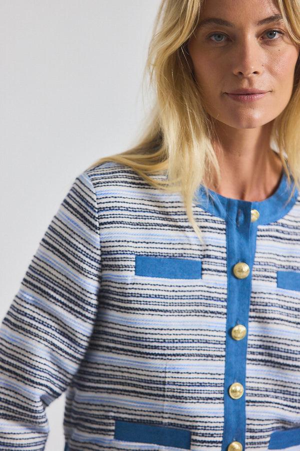 Derek Lam Elain Cotton Tweed Jacket With Denim Trim Blue-White