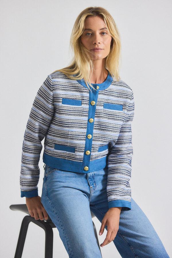 Derek Lam Elain Cotton Tweed Jacket With Denim Trim Blue-White