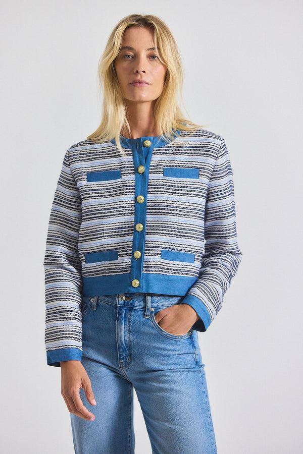derek lam Elain Cotton Tweed Jacket With Denim Trim Blue-White
