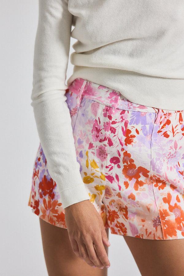Derek Lam Freja Floral Printed Stretch Linen Flared Short Rose Multi