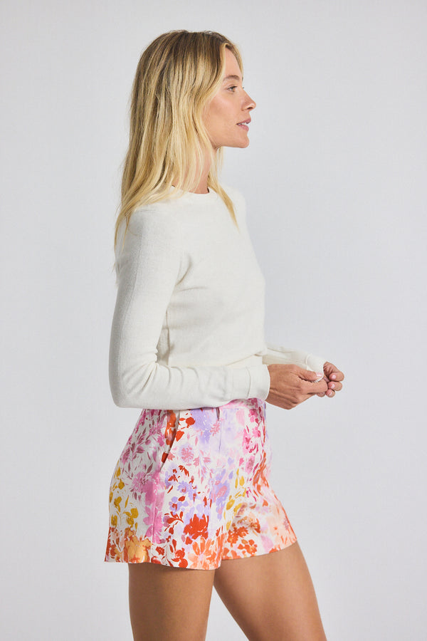Derek Lam Freja Floral Printed Stretch Linen Flared Short Rose Multi