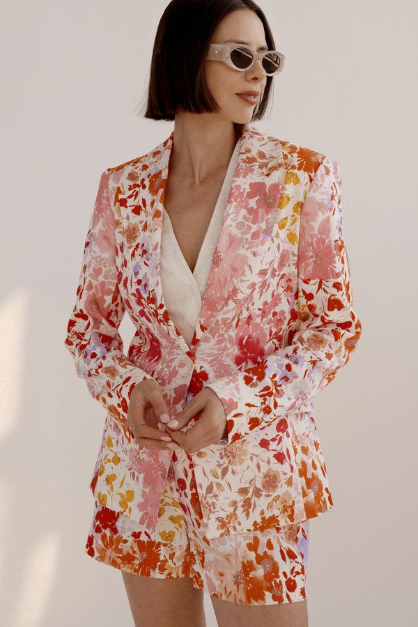 Derek Lam Irina Floral Printed Stretch Linen Blazer Rose Multi
