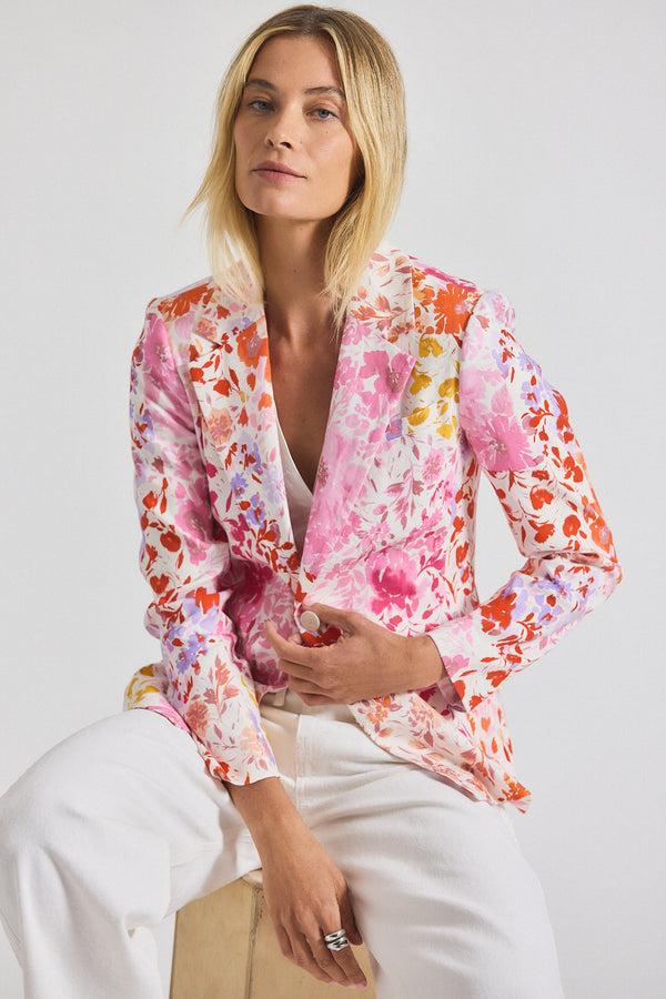 Derek Lam Irina Floral Printed Stretch Linen Blazer Rose Multi