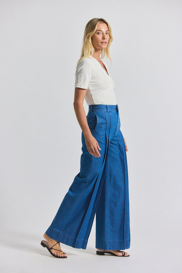 Derek Lam Katrina Chambray Wide Leg Pleated Trouser Keri Blue